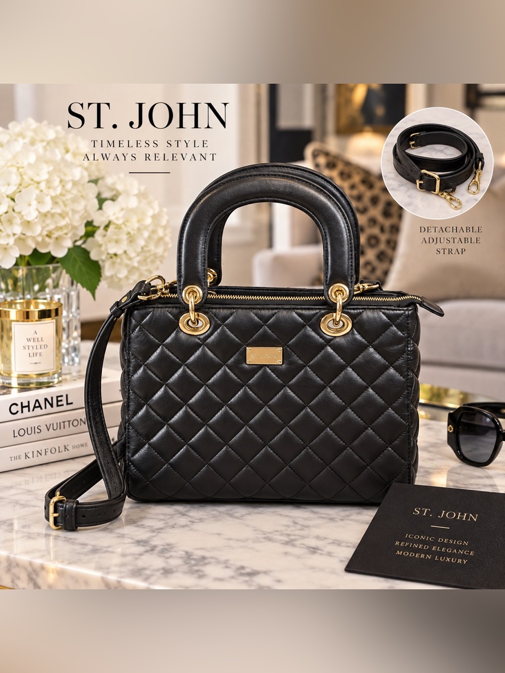 ST JOHN Black Quilted Leather Top Handle Bag